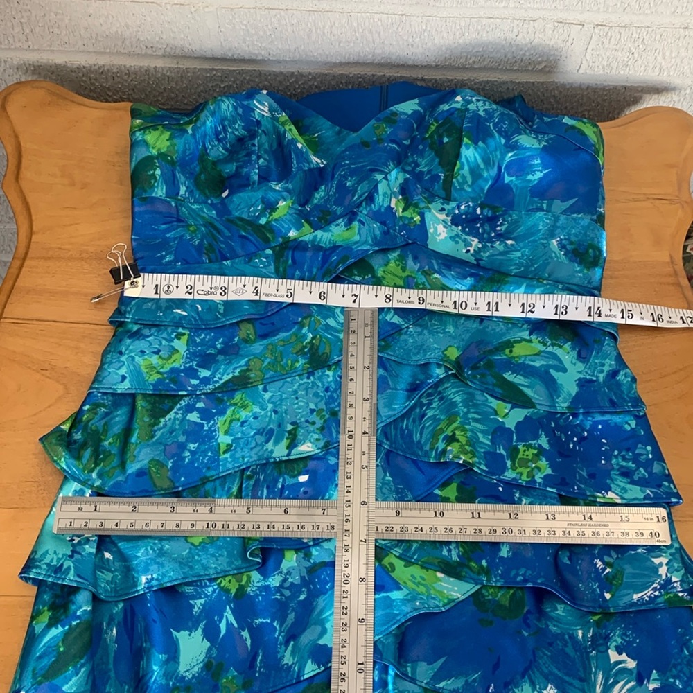 London Times Blue and Green Satin Tiered Sleeveless Cocktail Dress 6 Petite EUC - Picture 11 of 12